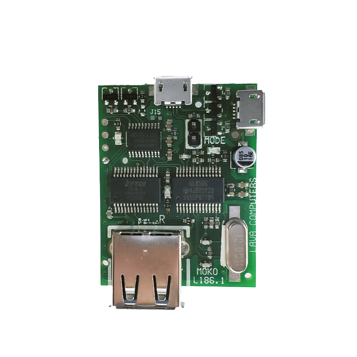 A Top view of the eSTS-1U-OEM, a LAVA board-only adapter with 1 USB-A port and robust battery protection through LAVA's RBM battery modulation technology