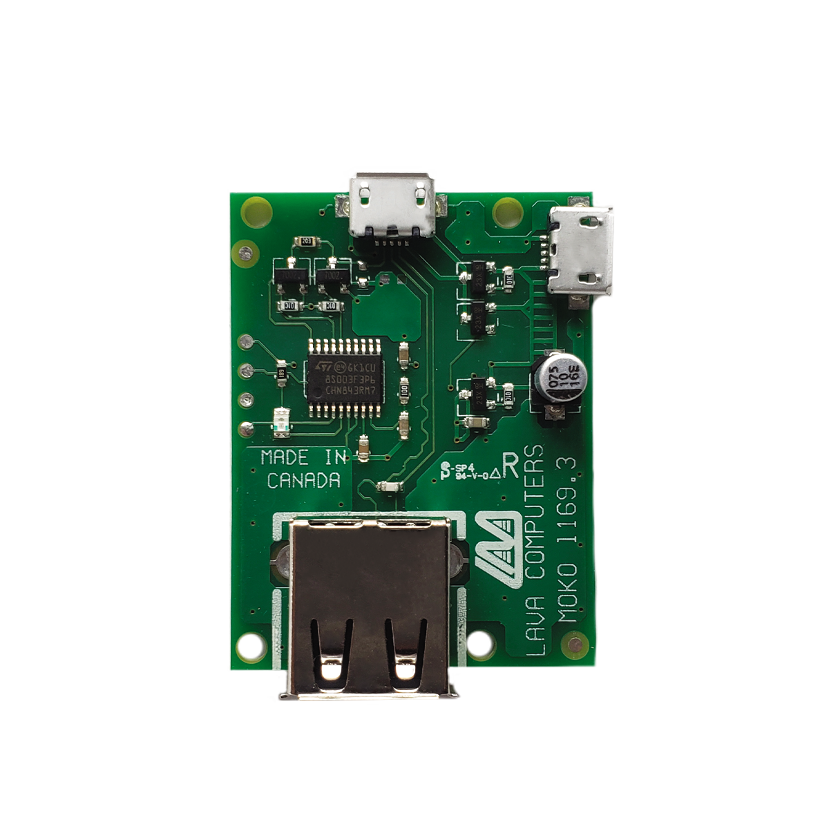 top view of the nSTS-1U-OEM, a LAVA board-only SimulCharge adapter with one USB-A port for select Samsung tablets