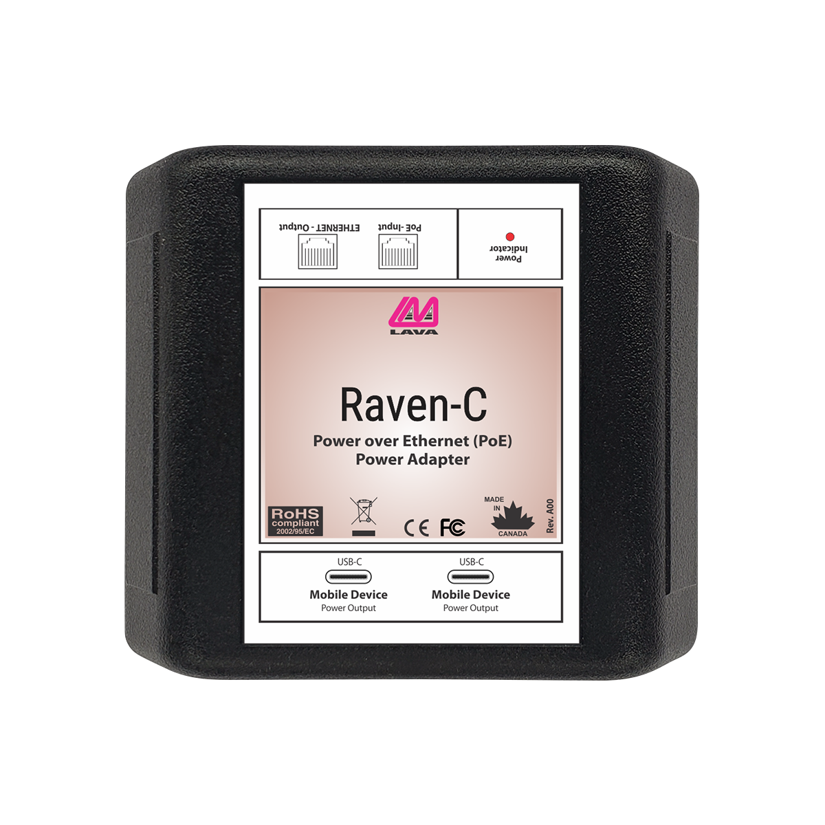 Top view of the Raven-C, a LAVA PoE adapter for compatible USB-C devices
